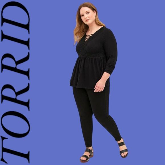 TORRID PLUS SIZE Black Babydoll Super Soft V-Neck Lace-up Lace Trim Top. 2X - Picture 3 of 16